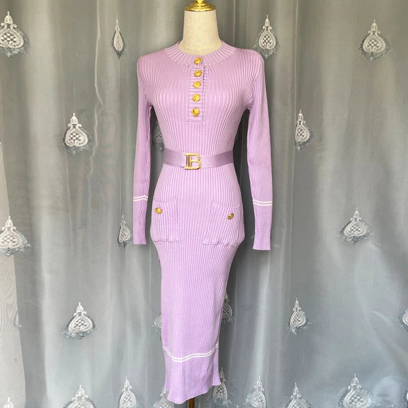 Women's belted gold-button knit midi dress, view 7