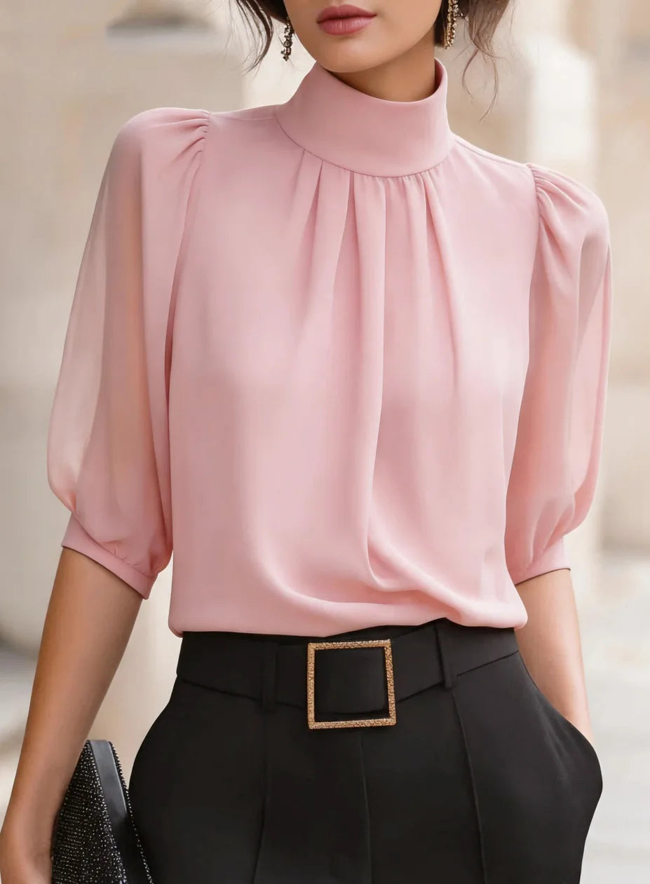 Women's high-neck pleated blouse with puff sleeves, view 7