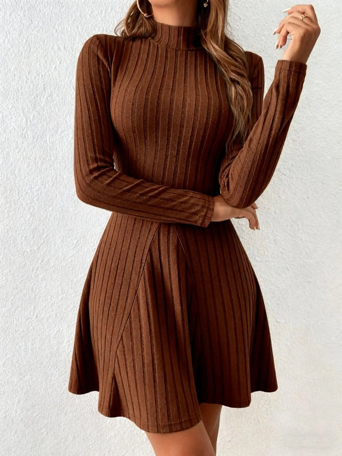 Women's mock-neck ribbed knit a-line dress, view 13