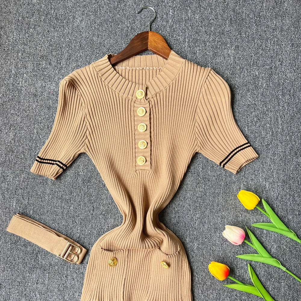 Women's belted gold-button knit midi dress, view 5