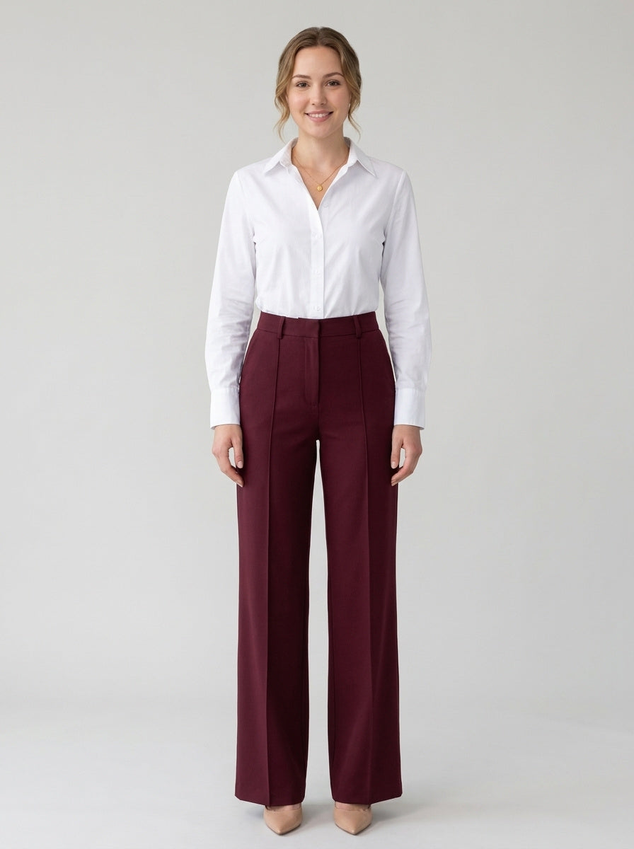 Women's pleated wide-leg trousers with front crease in wine, view 1