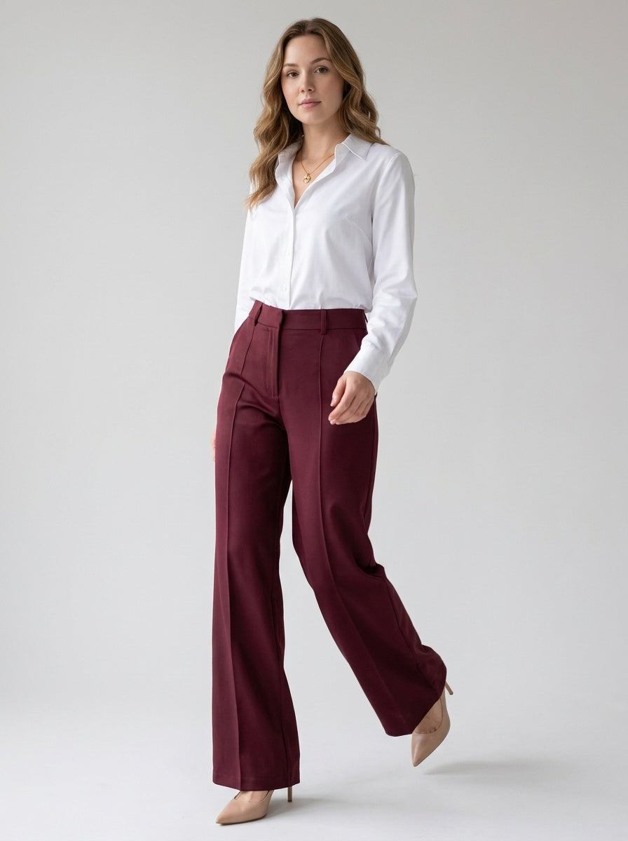 Women's pleated wide-leg trousers with front crease in wine, view 2